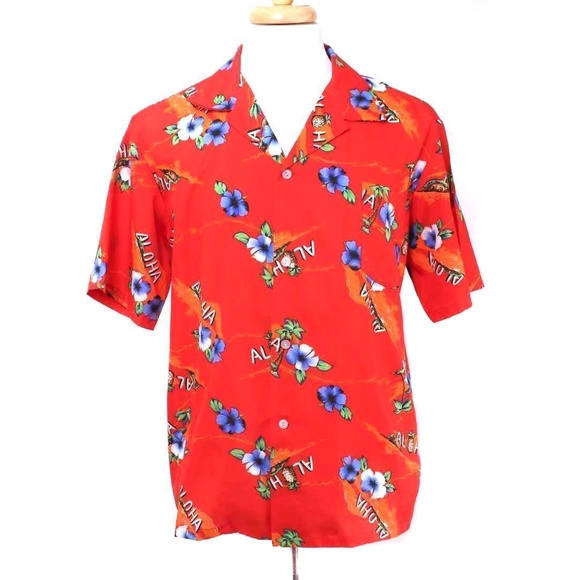 🍍Vintage AIKANE HAWAII Red Aloha Floral Hawaiian Button Shirt - Picture 1 of 5